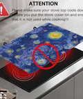 Abstract Blue Glowing Moon Stove Top Cover Protector For Electric And Induction Cooktops Thick Heat Resistant Ceramic Mat shown on stove with caution sign.