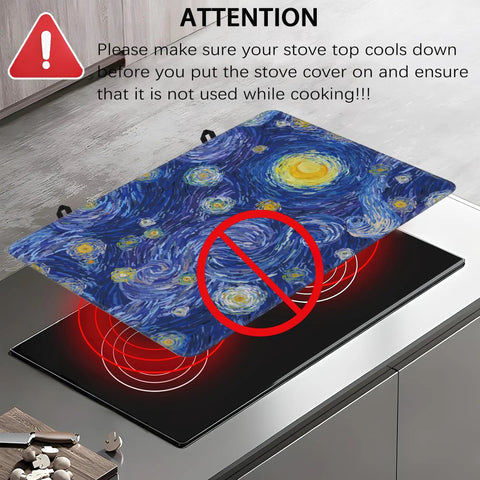 Abstract Blue Glowing Moon Stove Top Cover Protector For Electric And Induction Cooktops Thick Heat Resistant Ceramic Mat shown on stove with caution sign.