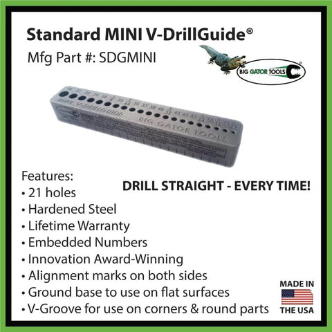 Standard MINI V-DrillGuide with 21 holes, hardened steel, for precise hand drilling on corners, flat and round surfaces.