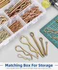 208 Piece Cotter Pin And Hairpin R Clip Set With 11 Sizes For Small Engines And Automotive Work, pins displayed in storage box.