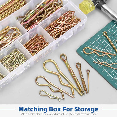 208 Piece Cotter Pin And Hairpin R Clip Set With 11 Sizes For Small Engines And Automotive Work, pins displayed in storage box.