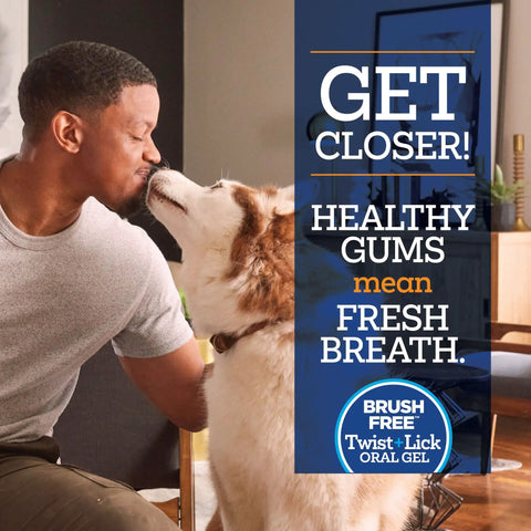 Dog and owner indoors with text promoting Dog Dental Gel That Cleans Teeth And Freshens Breath All Day For Your Pup With Peanut Butter Flavor 2 Oz 30 Day Supply Easy To Use Gel That Adheres To Gums For Quick At Home Dental Care.