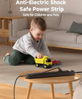 Child playing with toys near Weatherproof Outdoor Power Strip With IPX6 Rating 1625W 13A 6 Ft Extension Cord 7 AC Outlets And 3 USB Ports Wall Mount For Camping Poolside Garden Workshop All In One on table.