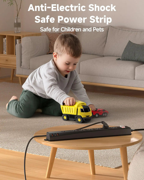 Child playing with toys near Weatherproof Outdoor Power Strip With IPX6 Rating 1625W 13A 6 Ft Extension Cord 7 AC Outlets And 3 USB Ports Wall Mount For Camping Poolside Garden Workshop All In One on table.