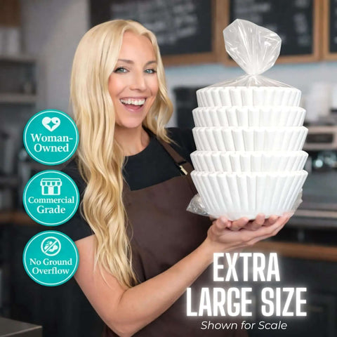 Woman holding extra large commercial coffee filters 12.5 x 4.5 for 1.5-3 gallon brewers, no ground overflow, suitable for cafes.