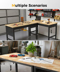 Rock Solid Heavy Duty Adjustable Workbench With 47.64 Inch Surface in garage setup with tools and plants.