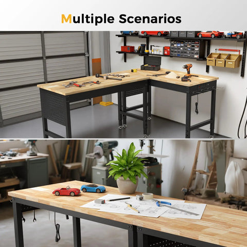 Rock Solid Heavy Duty Adjustable Workbench With 47.64 Inch Surface in garage setup with tools and plants.