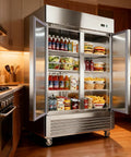 Heavy Duty 54 Inch Commercial Upright Refrigerator With Dual Solid Doors And 42 Cubic Feet Capacity Stainless Steel Frame Built Like A Tank Cooling Keeps Items At 33 To 39 Degrees Fahrenheit Ideal For Restaurants Bars Or Garages with various food and drinks inside.