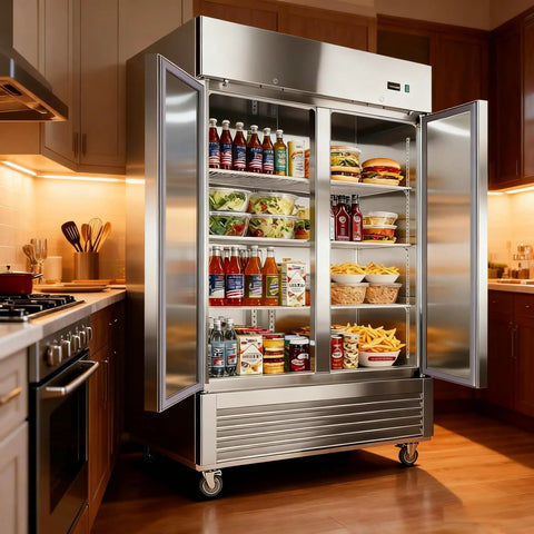 Heavy Duty 54 Inch Commercial Upright Refrigerator With Dual Solid Doors And 42 Cubic Feet Capacity Stainless Steel Frame Built Like A Tank Cooling Keeps Items At 33 To 39 Degrees Fahrenheit Ideal For Restaurants Bars Or Garages with various food and drinks inside.