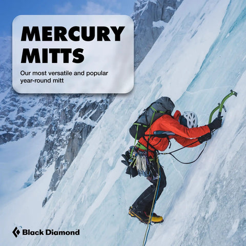 Climber wearing Mercury Mitts For Men Waterproof Insulated Winter Ski Snowboard Mittens Built For Backcountry Trips Alpine Climbing