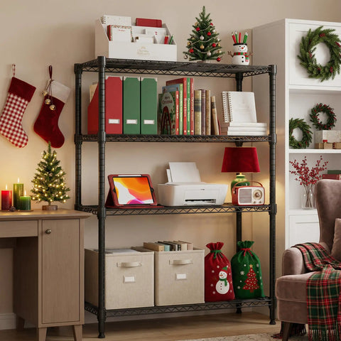 Beefy Heavy Duty 1400 Lbs 4 Tier Metal Wire Shelving Rack in home office with holiday decor on shelves