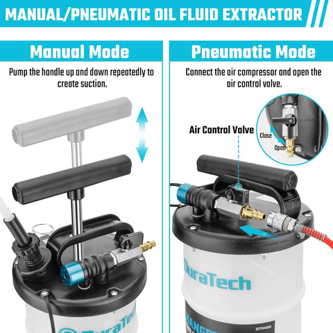 6.5L Oil Extractor Pump With Pneumatic And Manual Modes, Vacuum Fluid Extractor Kit showing manual and pneumatic operation features