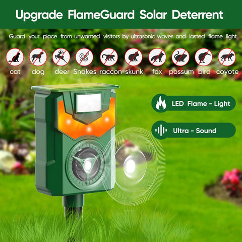 Solar Powered Ultrasonic Animal Repeller With Pir Motion Sensor, Yard Deterrent For Cats, Dogs, Birds, Rabbits, Skunks, Squirrels And Deer, 180 Degree Coverage Up To 26 Feet, Flaming Eye Alarm, Weatherproof Outdoor Pest Deterrent, solar yard stake