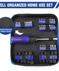 Inside view of 61 Piece Magnetic Screwdriver Bits And Nut Driver Set With Organizer Bag showing bits and cushioned grip handle.