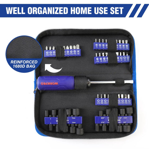 Inside view of 61 Piece Magnetic Screwdriver Bits And Nut Driver Set With Organizer Bag showing bits and cushioned grip handle.