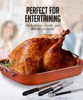 Stainless Steel Roasting Pan With V-Shape Rack And Carving Set 15 By 11.75 Inch Nonstick Roaster Tray with cooked turkey.