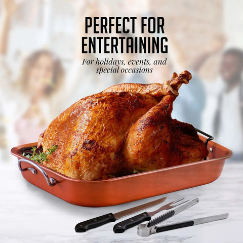Stainless Steel Roasting Pan With V-Shape Rack And Carving Set 15 By 11.75 Inch Nonstick Roaster Tray with cooked turkey.