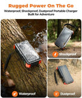 Solar Power Bank With Hand Crank And Four Cables 20000mAh Wireless Portable Charger on wet, muddy, and wooded ground