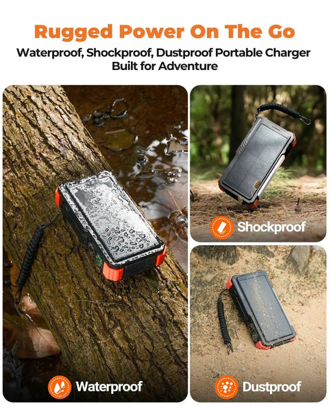 Solar Power Bank With Hand Crank And Four Cables 20000mAh Wireless Portable Charger on wet, muddy, and wooded ground