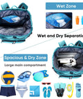 Oversized Beach Backpack With Sandproof Bottom And Waterproof Shell showing wet and dry compartments, ideal for pool and travel