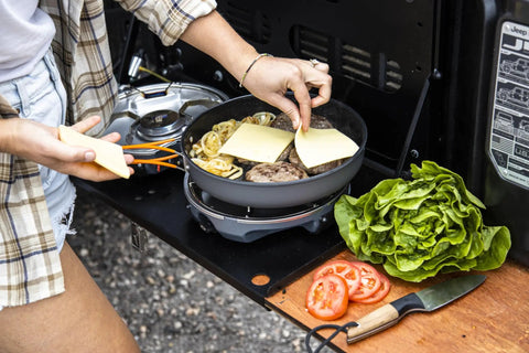 Cooking burgers in a 10-Inch Nonstick Fry Pan For Camping And Backpacking Stoves, Durable Ceramic Coating, High Wall Design For Easy Sauteing