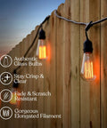 48 Ft Outdoor String Lights With 15 Vintage Filament Bulbs glowing against a wooden fence at sunset, highlighting glass bulb features.