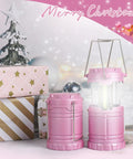 2 Pack Mini LED Pink Camping Lanterns Portable Outdoor Handheld Lights for Camping Hiking Power Outages and Emergencies Durable ABS Construction for Long Lasting Use with Christmas gifts in background