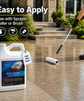Applying Wet Look Stone Sealer Gloss for Pavers and Concrete with roller on patio; shows high gloss finish on stone surface