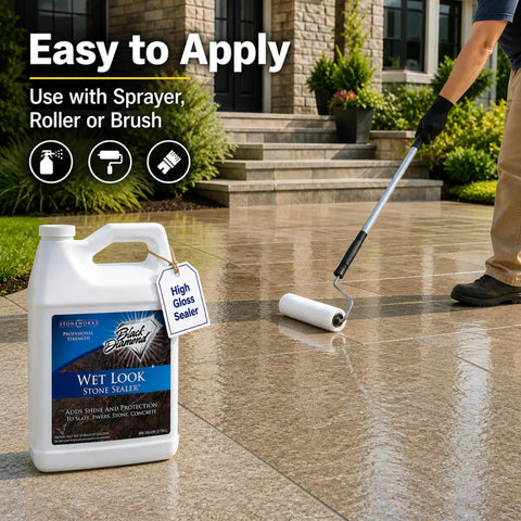 Applying Wet Look Stone Sealer Gloss for Pavers and Concrete with roller on patio; shows high gloss finish on stone surface