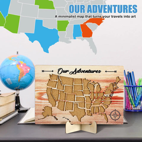 USA Travel Cork Map Set With 100 Push Pins And Wooden Storage Box 12x8 Inches Double Sided Adhesive Strips Perfect Travel Tracker For Couples RV Vacations Geography Classroom Decor