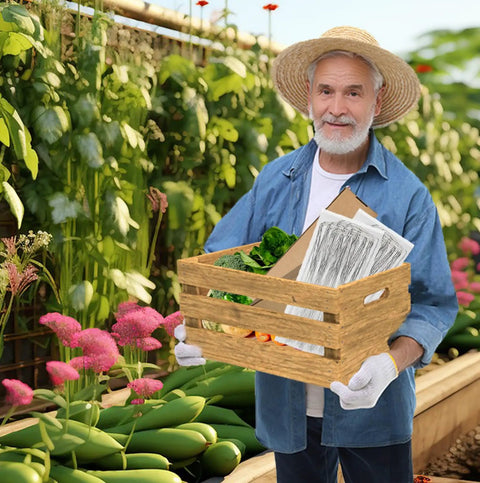 Gardener holding wooden crate with vegetables and gardening tools in greenhouse