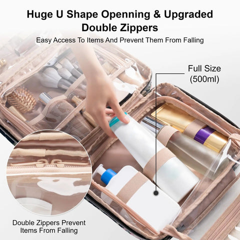Contents inside Travel Toiletry Bag With Hanging Hook And Leakproof Wet And Dry Compartments, showcasing organization pockets.