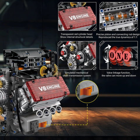 V8 Engine Model Kit That Actually Runs With An L Motor And Battery Box 478 Plus Pieces Visible 8 Cylinder Engine Building Blocks For Adults Hands On STEM Project Realistic Automotive Decor And Engineering Toy, transparent red cylinder head