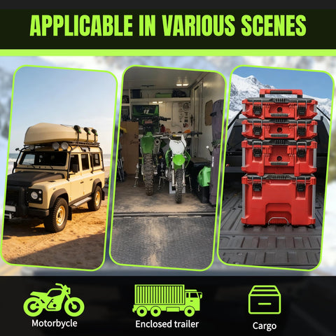 Beefy Heavy Duty 1 Inch By 12 Foot Auto Retracting Ratchet Straps in use with truck, trailer, motorcycles, and cargo storage.