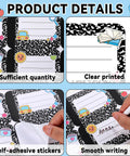 Product details of 144 Piece Composition Name Tag Stickers for Students Classroom Decor in Six Styles, showing designs and use.