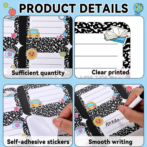 Product details of 144 Piece Composition Name Tag Stickers for Students Classroom Decor in Six Styles, showing designs and use.