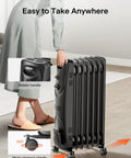 Big Room Electric Oil Filled Radiator Heater With Dual Knobs 1500W Fast Heat Quiet Space Heater 3 Modes Tip Over Protection Energy Efficient Warmth For Cold Rooms. Visible: lady pushing heater, wheels detail