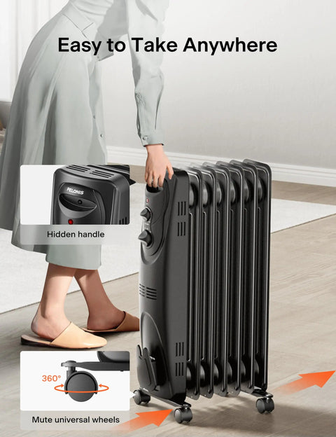 Big Room Electric Oil Filled Radiator Heater With Dual Knobs 1500W Fast Heat Quiet Space Heater 3 Modes Tip Over Protection Energy Efficient Warmth For Cold Rooms. Visible: lady pushing heater, wheels detail