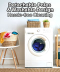 Laundry room with white washing machine beside wicker baskets and colorful clothes.