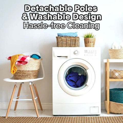 Laundry room with white washing machine beside wicker baskets and colorful clothes.