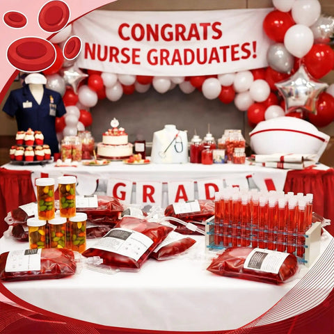 Epic Nursing Graduation Party Supplies Kit 102 Pcs Includes Blood Bag Drink Pouches Empty Pill Bottles 50 Test Tubes with Caps