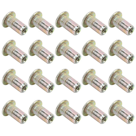 100 Piece M3 Zinc Coated Rivet Nut Set With Low Profile Threaded Inserts Shop Grade Assortment Kit For Automotive Metal Fabrication and Gearhead Builds Built Tough - close-up of zinc-coated rivet nuts.