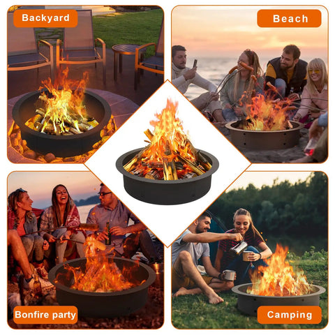 Outdoor Fire Pit Ring Kit With 33 Inch Outer Diameter And 30 Inch Inner Diameter Wood Burning Firepit Insert for bonfires at beach and backyard.