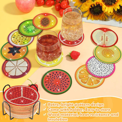 Diamond Art Coaster Kit With Holder, 12 Piece DIY Diamond Dot Coasters For Adults And Newbies, Includes Cork Bases, Colorful Diamonds, Fruit Style