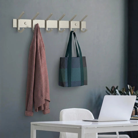 Wall Mounted Coat Rack With 17 Inch Stainless Steel Rail And Six Heavy Duty Double Coat Hooks In Brushed Nickel Finish