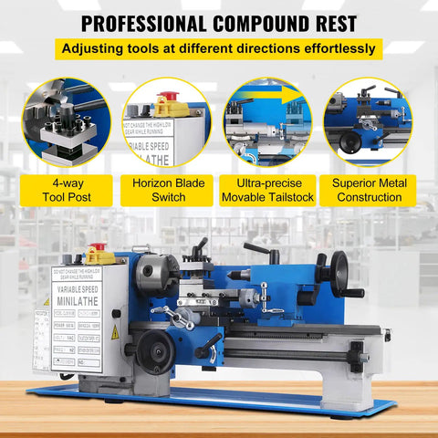 Badass Mini Metal Lathe 7X12 Inch Bench Top Machine With 550W Variable Speed Motor 2250RPM features 4-way tool post and movable tailstock.