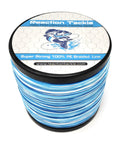 Beast Grade Braided Fishing Line Blue Camo 30 Pound Test 300 Yards in compact spool with blue and white strands.