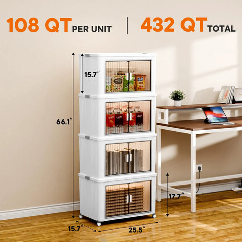 Stackable Storage Bins With Individual Lids And Front Doors On Wheels For Quick Grab And Go Use Together Or Separately For Clothes Blankets Towels And Light Household Items shown in a room setting.