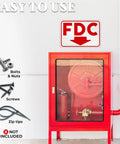 Heavy Duty FDC Sign With Down Arrow 18 X 12 Inch 0 040 Aluminum Fire Department Connection Plate mounted above a red fire equipment box.