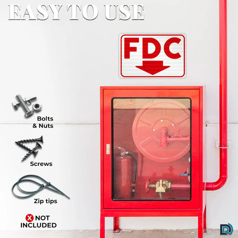 Heavy Duty FDC Sign With Down Arrow 18 X 12 Inch 0 040 Aluminum Fire Department Connection Plate mounted above a red fire equipment box.